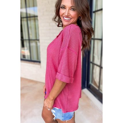 Strawberry Pink Textured Knit Split Neck Cuffed Short Sleeve Top