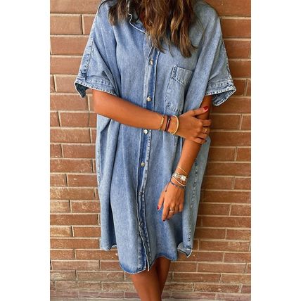 Light Blue Loose Medium Wash Short Sleeve Shirt Chambray Dress