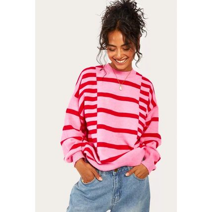 Pink Stripe Bubble Sleeve Drop Shoulder Ribbed Trim Sweater