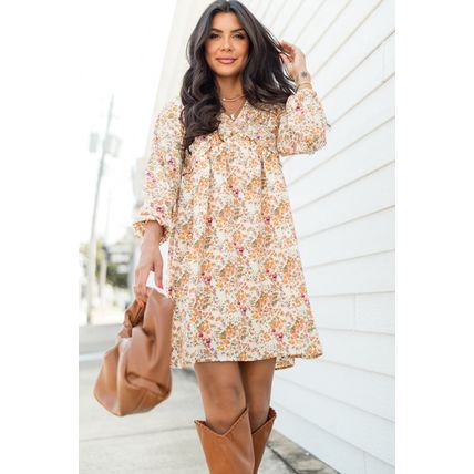 Yellow Boho Floral V Neck Ruffled Empire Waist Long Sleeve Mini Dress