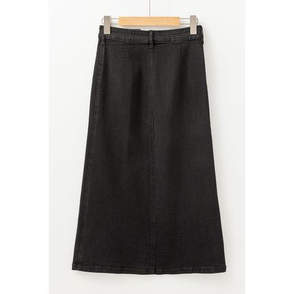 Black Button Fly Side Split High Waist Denim Midi Skirt