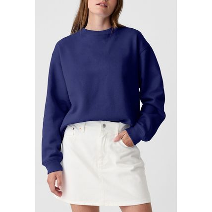 Navy Blue Plain Drop Shoulder Crewneck Pullover Sweatshirt