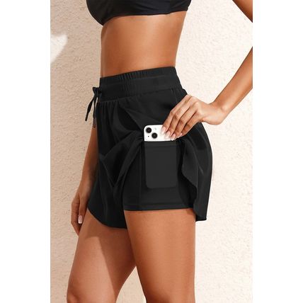 Black High Waisted Drawstring 2-in-1 Side Pocket Color Block Bikini Shorts