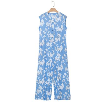 Myosotis Floral Print Half Button Wide Leg Relaxed Sleeveless Jumpsuit