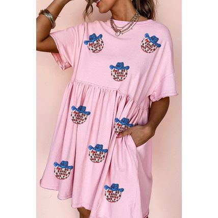 Light Pink American Flag Inspired Sequin Disco Ball Patched Shift Mini Dress