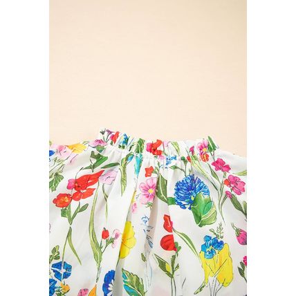 White Floral Print Ruffle Tiered Sleeve Split V Neck Blouse