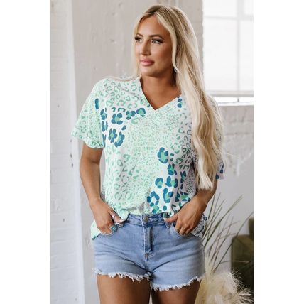 Green Mixed Leopard Print V Neck Short Sleeve Blouse