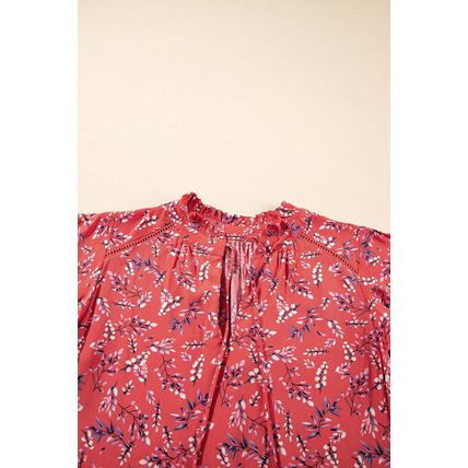 Red Floral Tie Split Neck Short Flounce Sleeve Crinkled Blouse