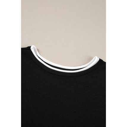 Black Contrast Trim Half Sleeve Top Drawstring Pants Loose 2pcs Sweater Suit