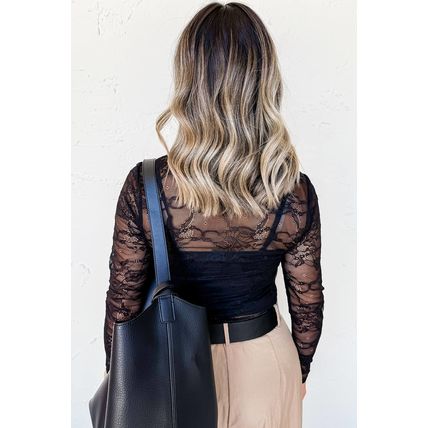 Black Lace Crochet Mesh Patched Slim Fit Long Sleeve Top