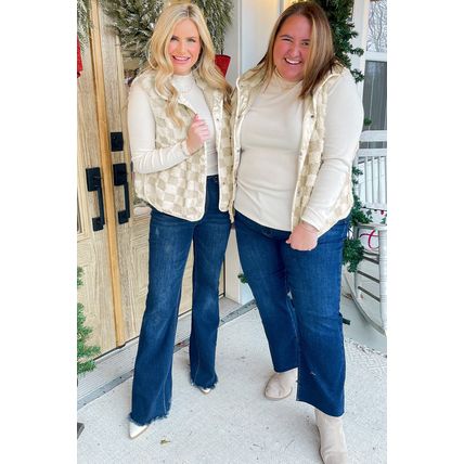 Khaki Sherpa Checkerboard Snap Button Vest Jacket With Pocket