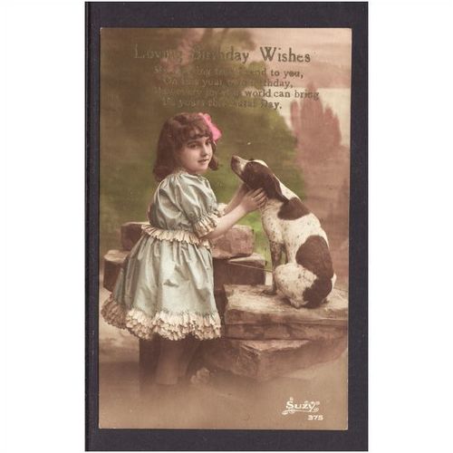 YOUNG GIRL STROKING DOG SUZY 375 COLOUR PHOTO POST CARD USED