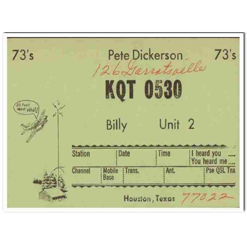 kqt-0530 pete dickerson houston texas 1960s cb qsl vintage postcard