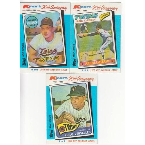 Three 1982 Topps Kmart Twins cards- #7 Versalles #15 Killebrew #31 Carew