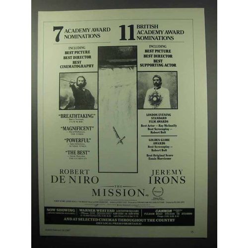 1987 The Mission Movie Ad - Robert De Niro & Jeremy Irons