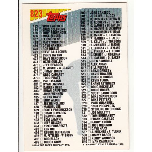 1993 Topps Baseball Checklist 4 of 6 unmarked card 397-540