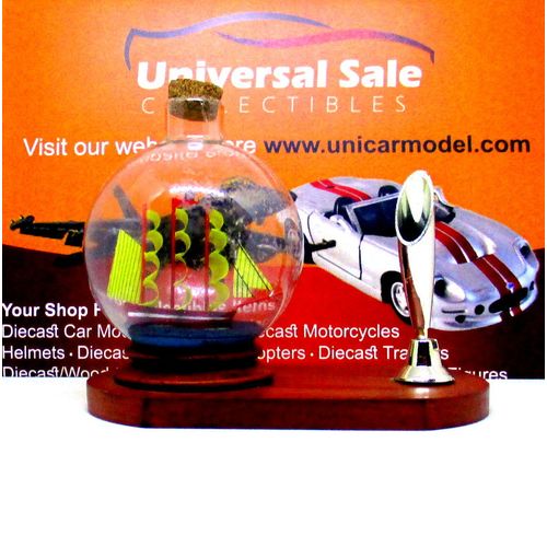 LITTLE SAILING BOAT IN A GLASS BALL ON WOOD PEN STAND,WOODEN NAUTICAL MODEL