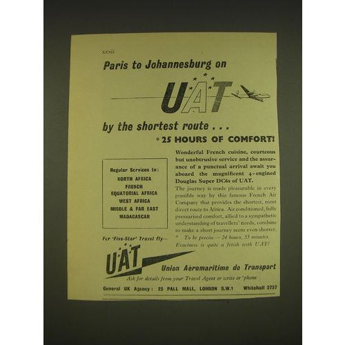 1955 UAT Union Aeromaritime de Transport Ad - Paris to Johannesburg on UAT