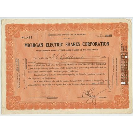 Michigan Electric Shares Corporation 2 Shares 1929 Stock/Share Certificate