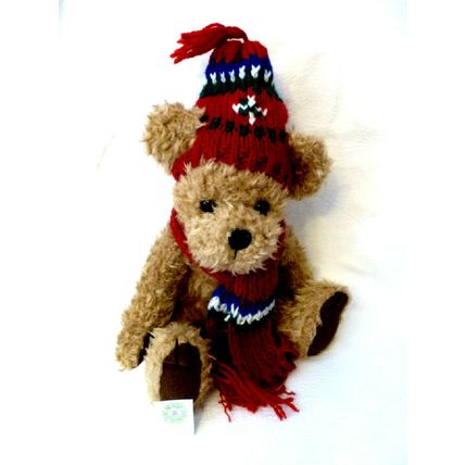 VINTAGE GIBSON GREETINGS LIGHT BROWN FURRY PLUSH BEAR w MAROON KNIT HAT & SCARF