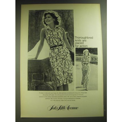 1974 Saks Fifth Avenue Dress, Pantsuit Ad - Thoroughbred knits paced for action