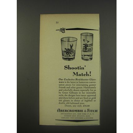 1956 Abercrombie & Fitch Birdshooter Glassware by Grace Gillespie Advertisement