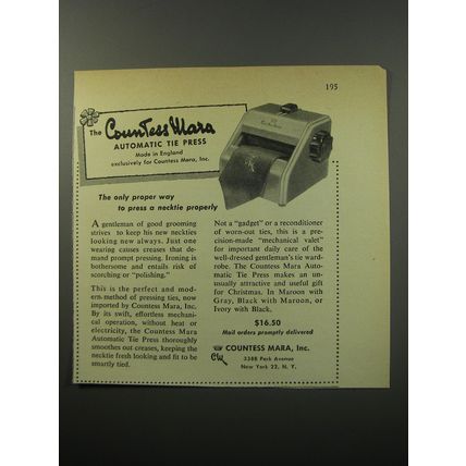 1955 Countess Mara Automatic Tie Press Ad - The only proper way to press
