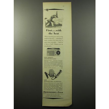 1955 Abercrombie & Fitch Ad - Emerson Transistor Radio and Gould Flashlight