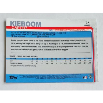 2019 Topps Chrome Kieboom Carter Rookie Card #22 in NM Condition