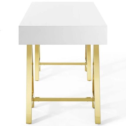 Vintage Glam White Office Desk Gold Stainless Steel Sawhorse Legs 3 Drawers