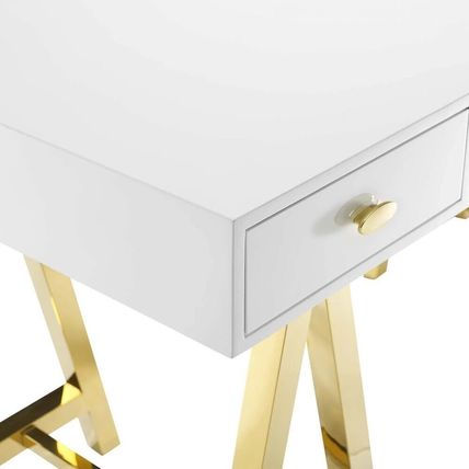 Vintage Glam White Office Desk Gold Stainless Steel Sawhorse Legs 3 Drawers