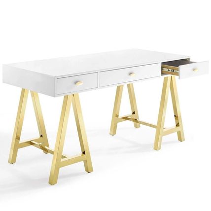 Vintage Glam White Office Desk Gold Stainless Steel Sawhorse Legs 3 Drawers