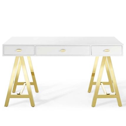 Vintage Glam White Office Desk Gold Stainless Steel Sawhorse Legs 3 Drawers