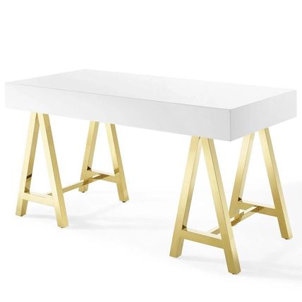Vintage Glam White Office Desk Gold Stainless Steel Sawhorse Legs 3 Drawers