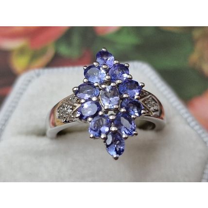 Natural Tanzanite Zircon Rhombus Cluster Ring Sz P½ Platinum Overlay 925 Silver