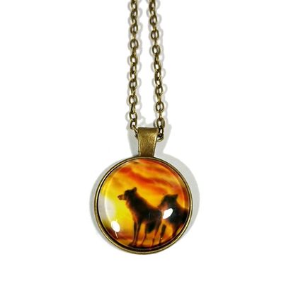 Cat Kitten Wolf Moonlight Wolves Sunset Bronze Silver Cabochon Pendant Necklace