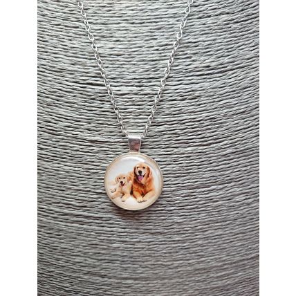 Golden Retriever Mother Pup Baby Glass Cabochon Pendant Silver Necklace Gift