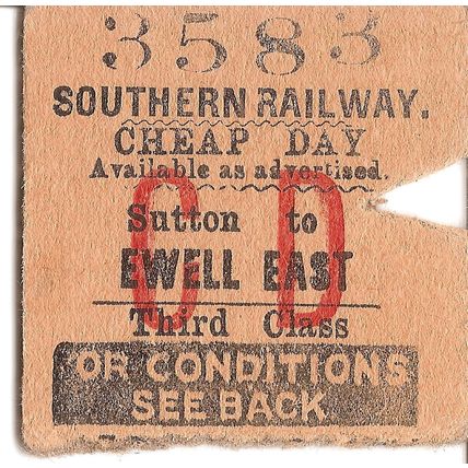 Southern Railway Edmondson Ticket - Sutton to Ewell East