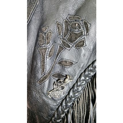 Vintage UNIK Black Leather Motorcycle jacket Womans M Fringe Rose Inlay Lined