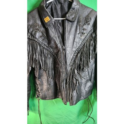 Vintage UNIK Black Leather Motorcycle jacket Womans M Fringe Rose Inlay Lined