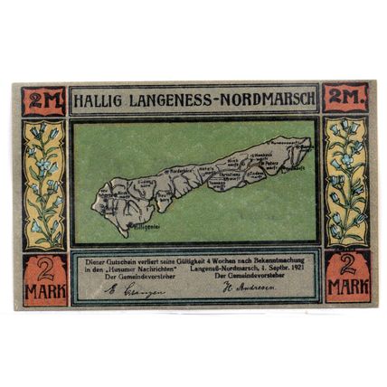1921 Germany Hallig Langeness-Nordmarsch Notgeld 2 Mark Note (1422)