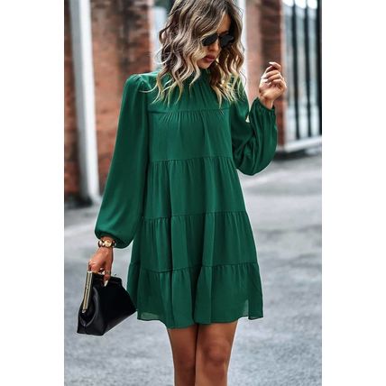 Green Puff Sleeve Mock Neck Back Knot Tiered Dress