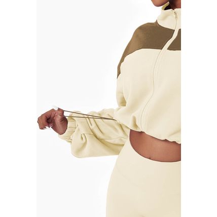 Beige Color Block Drawstring Cropped Athleisure Jacket