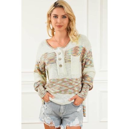 Multicolor Space Dye Henley Knit Sweater