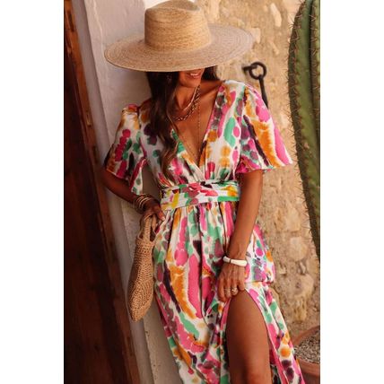Pink Boho Tie-dye Print V Neck Maxi Dress