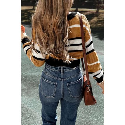 Brown Stripe Contrast Stripes V Neck Textured Knit Sweater