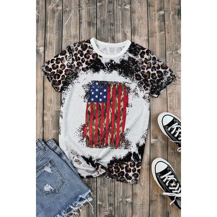 Leopard Vintage American Flag Graphic T Shirt