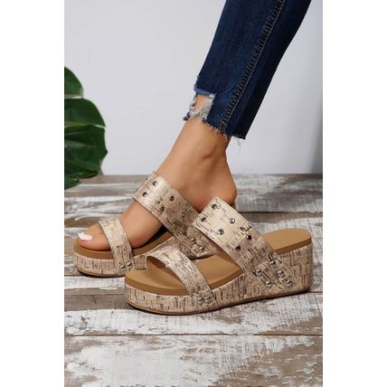 Camel Rivet Double Straps Wedge Slippers
