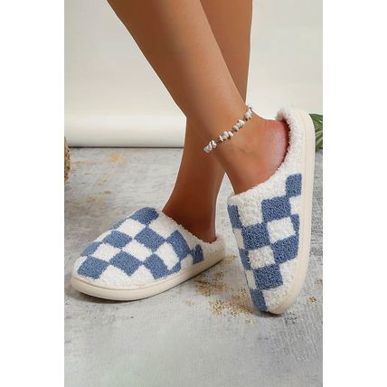 Light Blue Checkered Print Fuzzy Slip On Winter Slippers