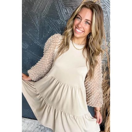 Beige Embellished Puff Sleeve Tiered A-line Dress